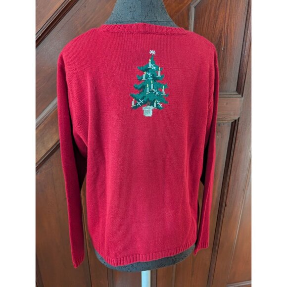 Vintage Talbots Red Christmas Cardigan Sweater Embroidered Trees Beaded Womens M - Picture 6 of 11